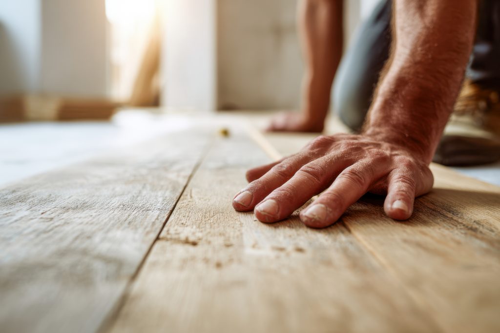 Close-up of a worker's hand inspecting raw, unrefined historic wood planks to check structural soundness and wood condition before refinishing.
