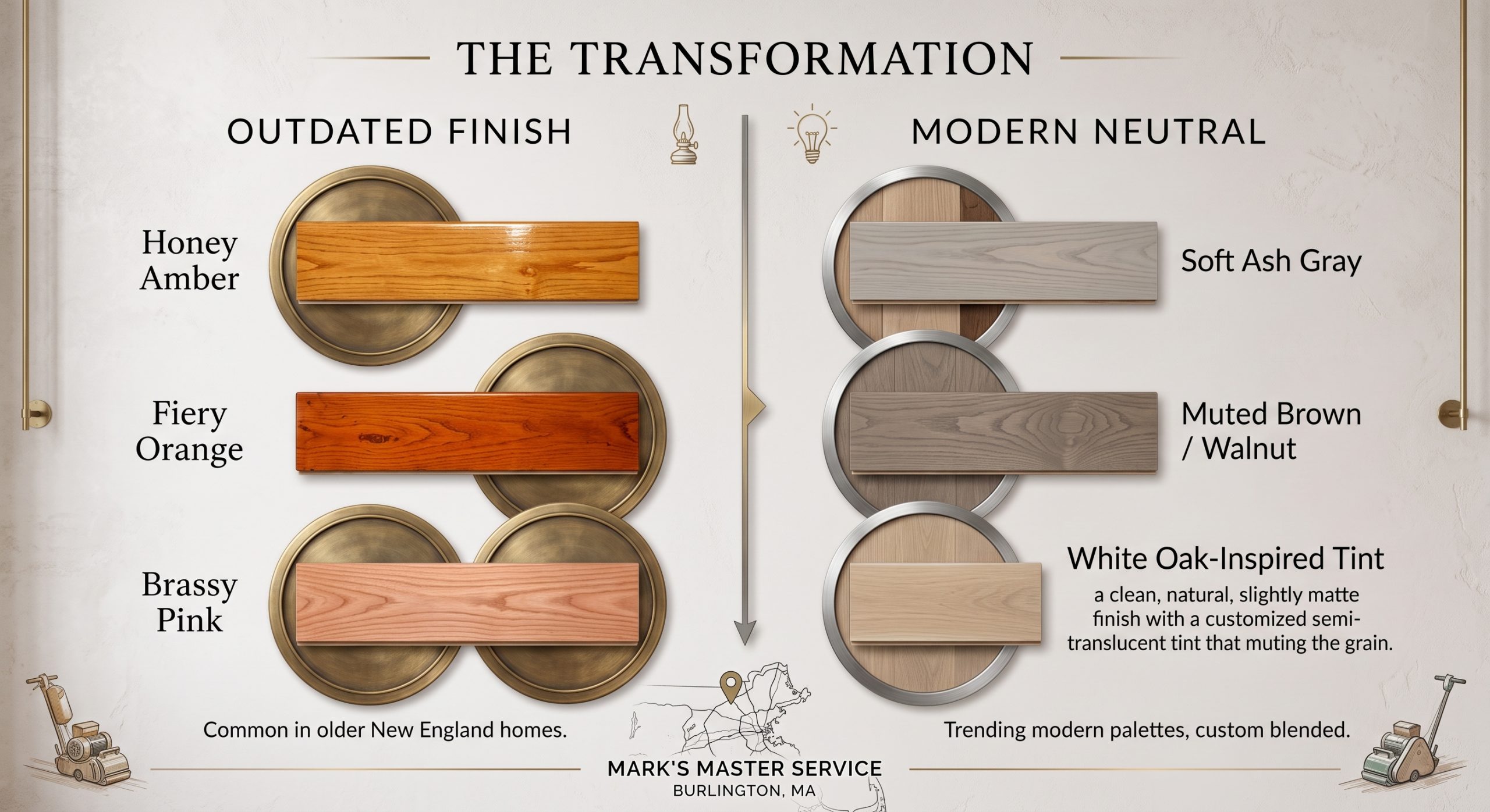 Comprehensive hardwood floor transformation infographic detailing the process and color options from 'Outdated Finish' red oak wood stains (Honey Amber, Fiery Orange, Brassy Pink) to 'Modern Neutral' custom stain trends (Soft Ash Gray, Muted Brown/Walnut, White Oak-Inspired Tint). Provided by Mark's Master Service Burlington, MA, with on-site custom color testing to create a natural, European white oak look on existing floors.