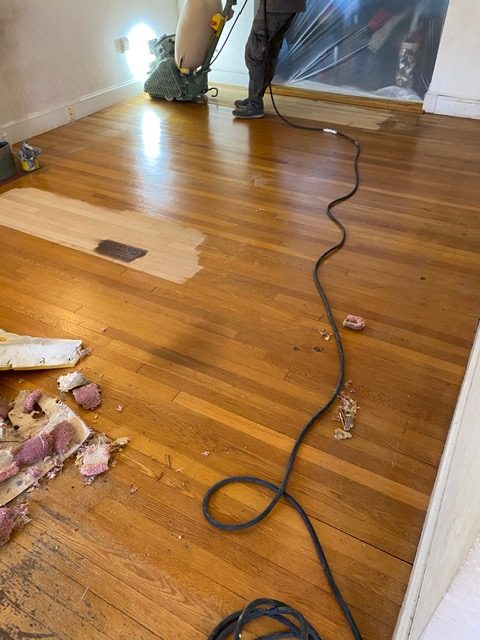 <!-- wp:paragraph -->
<p>Client in Belmont with old, high trafficked floors needed a refinish, but I suggested doing a darker stain to “hide” the badly damaged water worn areas that I figured would still look “cloudy”.  They agreed and the results speak for themselves!</p>
<!-- /wp:paragraph -->
