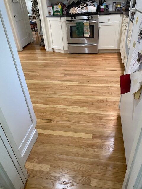 Client in Concord needed this large urine stain caused from her puppy to be removed, patched in with new oak, sanded and finished.
Wood floor patching in Concord, MA

