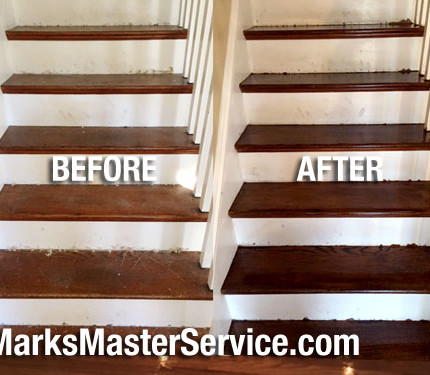 Wood Stair Staining & Sanding in Weston, Massachusetts by Mark's Master Service.